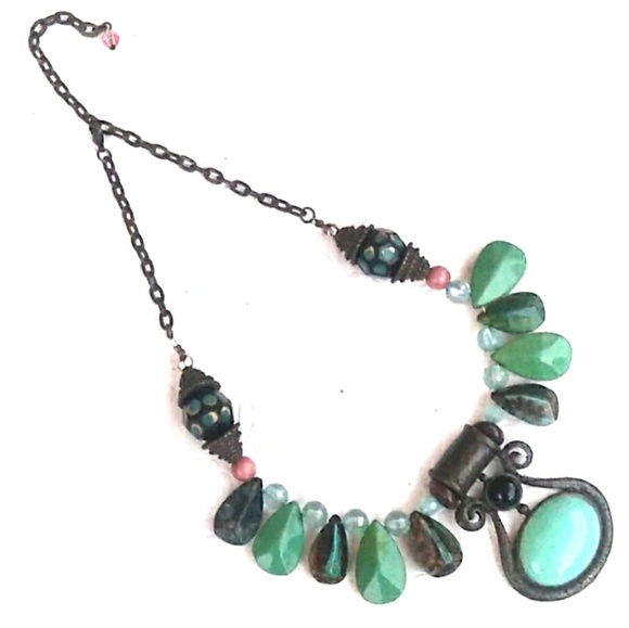 VTG Boho Turquoise Verdigres Brass Teardrop Neckla - Picture 3 of 8